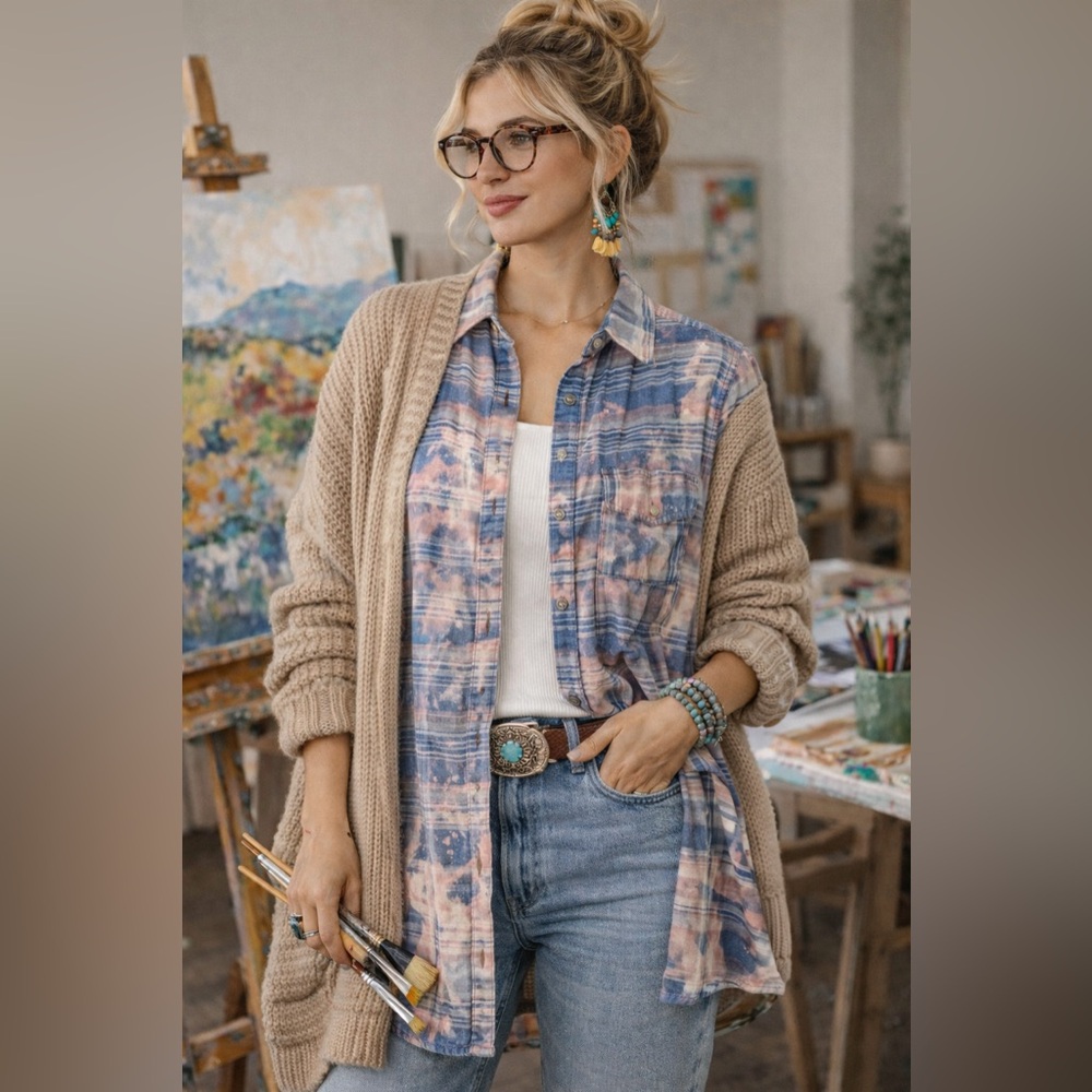 Upcycled Handmade Bleach Plaid Shirt Button Down Shirt